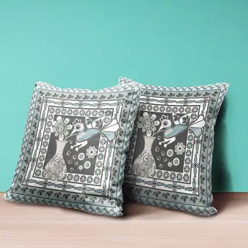 18" X 18" Black and Blue Peacock Broadcloth Floral Zippered Pillow