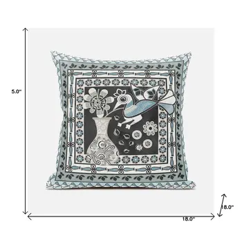 18" X 18" Black and Blue Peacock Broadcloth Floral Zippered Pillow