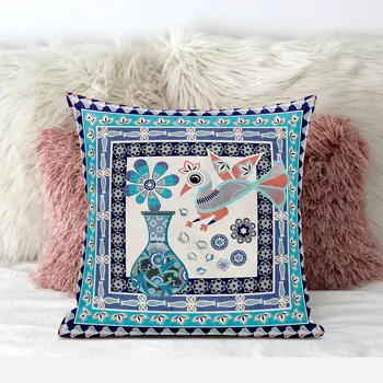 20" X 20" Blue and Off White Peacock Broadcloth Floral Zippered Pillow