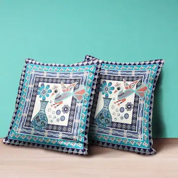 20" X 20" Blue and Off White Peacock Broadcloth Floral Zippered Pillow