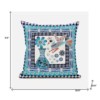 20" X 20" Blue and Off White Peacock Broadcloth Floral Zippered Pillow