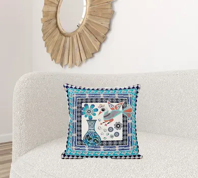 20" X 20" Blue and Off White Peacock Broadcloth Floral Zippered Pillow