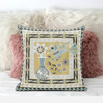 20" X 20" Beige and White Peacock Broadcloth Floral Zippered Pillow