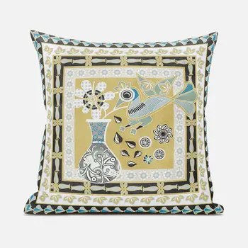20" X 20" Beige and White Peacock Broadcloth Floral Zippered Pillow