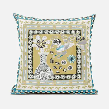20" X 20" Beige and White Peacock Broadcloth Floral Zippered Pillow