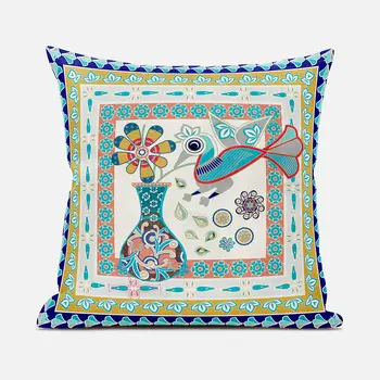 16" X 16" Blue and Gold Peacock Broadcloth Floral Zippered Pillow
