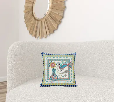 16" X 16" Blue and Gold Peacock Broadcloth Floral Zippered Pillow