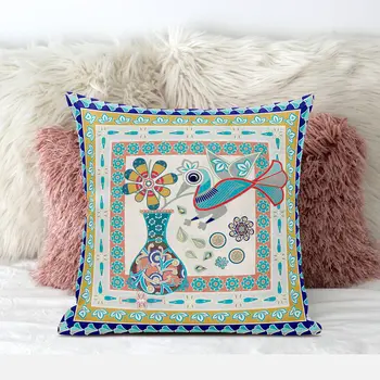 20" X 20" Blue and Gold Peacock Broadcloth Floral Zippered Pillow