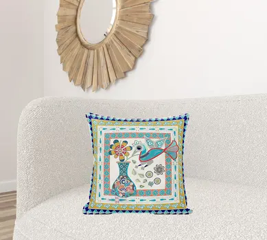 20" X 20" Blue and Gold Peacock Broadcloth Floral Zippered Pillow