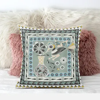 16" X 16" Green and Black Peacock Broadcloth Floral Zippered Pillow