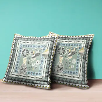 16" X 16" Green and Black Peacock Broadcloth Floral Zippered Pillow