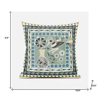 16" X 16" Green and Black Peacock Broadcloth Floral Zippered Pillow