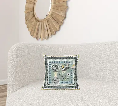 16" X 16" Green and Black Peacock Broadcloth Floral Zippered Pillow