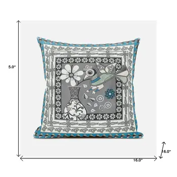 16" X 16" Black Gray and White Peacock Broadcloth Floral Zippered Pillow