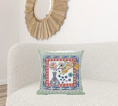 20" X 20" Red White and Blue Peacock Broadcloth Floral Zippered Pillow