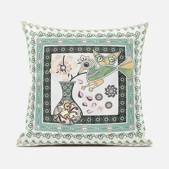 16" X 16" Green and Yellow Peacock Broadcloth Floral Zippered Pillow
