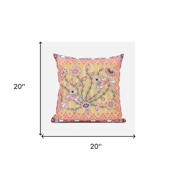 20" X 20" Yellow and Peach Peacock Broadcloth Floral Zippered Pillow