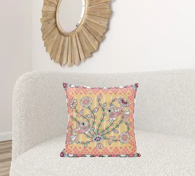 20" X 20" Yellow and Peach Peacock Broadcloth Floral Zippered Pillow