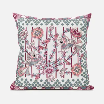 20" X 20" Red and White Peacock Broadcloth Floral Zippered Pillow