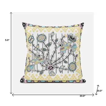 20" X 20" Yellow and White Peacock Broadcloth Floral Zippered Pillow