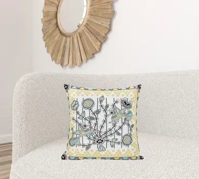 20" X 20" Yellow and White Peacock Broadcloth Floral Zippered Pillow