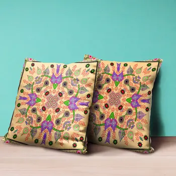 16" X 16" Beige and Green Broadcloth Paisley Zippered Pillow
