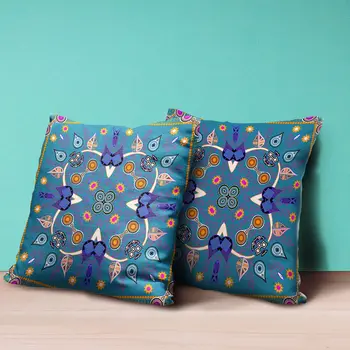 18" X 18" Blue and Gold Broadcloth Paisley Zippered Pillow