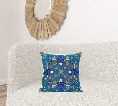 18" X 18" Blue and Gold Broadcloth Paisley Zippered Pillow