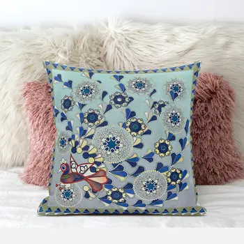 16" x 16" Aqua Peacock Blown Seam Floral Indoor Outdoor Throw Pillow