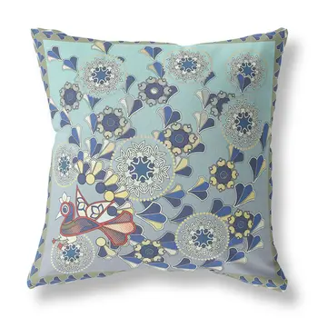 16" x 16" Aqua Peacock Blown Seam Floral Indoor Outdoor Throw Pillow