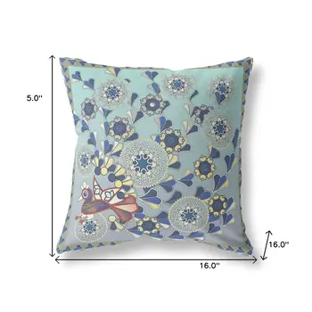 16" x 16" Aqua Peacock Blown Seam Floral Indoor Outdoor Throw Pillow