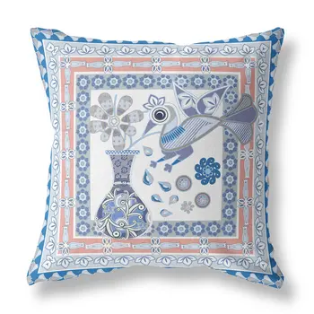 20" x 20" Blue and Gray Peacock Blown Seam Floral Indoor Outdoor Throw Pillow