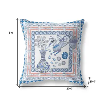 20" x 20" Blue and Gray Peacock Blown Seam Floral Indoor Outdoor Throw Pillow