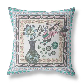 18" x 18" Gray Peacock Blown Seam Floral Indoor Outdoor Throw Pillow