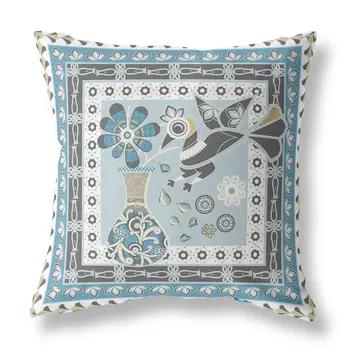 16" x 16" Blue and White Peacock Blown Seam Floral Indoor Outdoor Throw Pillow