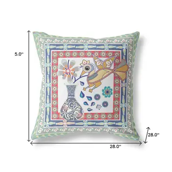 28" x 28" Red Bird Blown Seam Floral Indoor Outdoor Throw Pillow