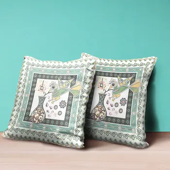 28" x 28" Green and White Bird Blown Seam Floral Indoor Outdoor Throw Pillow