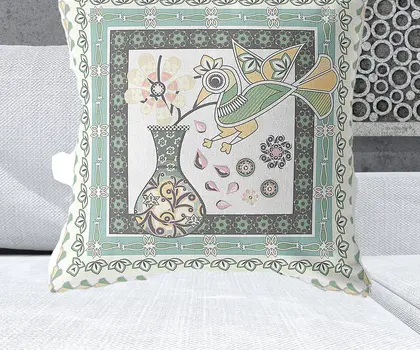28" x 28" Green and White Bird Blown Seam Floral Indoor Outdoor Throw Pillow
