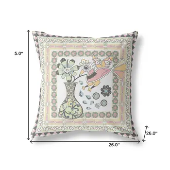 26" X 26" White And Green Bird Blown Seam Floral Indoor Outdoor Throw Pillow