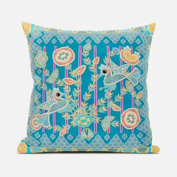 16" X 16" Blue and Gray Peacock Blown Seam Floral Indoor Outdoor Throw Pillow