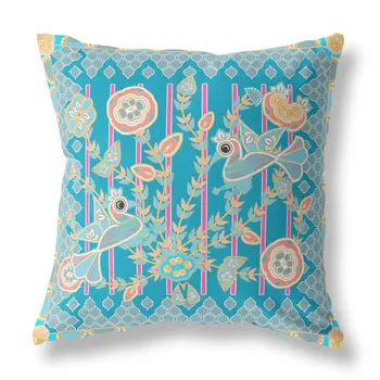 16" X 16" Blue and Gray Peacock Blown Seam Floral Indoor Outdoor Throw Pillow