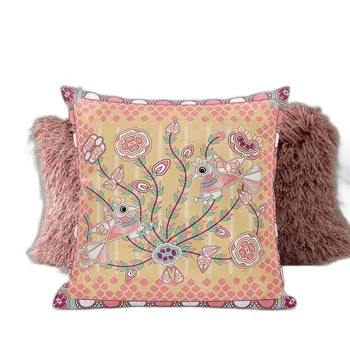18" X 18" Muted White Bird Blown Seam Floral Indoor Outdoor Throw Pillow