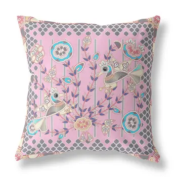 16" x 16" Pink Peacock Blown Seam Floral Indoor Outdoor Throw Pillow