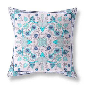 20" X 20" Light Blue Blown Seam Floral Indoor Outdoor Throw Pillow