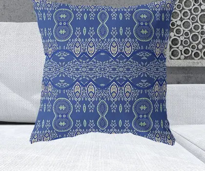 26" X 26" Navy Blue Blown Seam Paisley Indoor Outdoor Throw Pillow