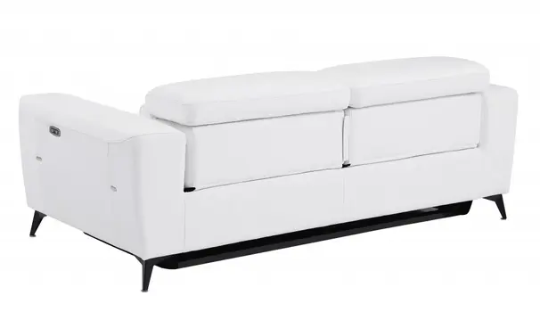 83" White Italian Leather USB Reclining Sofa With Black Legs