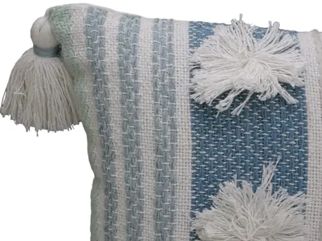 14" X 20" Cream and Blue Striped Cotton Blend Lumbar Throw Pillow With Pom-poms and Tassels