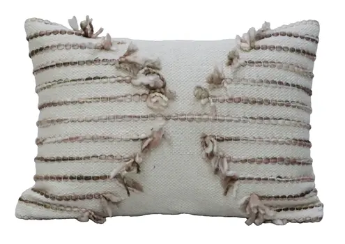 14" X 20" Tan And White Zippered Cotton Blend Geometric Throw Pillow With Pom-poms