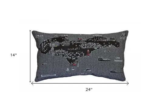 14" X 24" Black Gray and White Hometown Pride Wool Lumbar Throw Pillow
