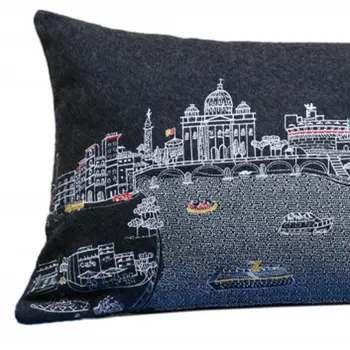 14" X 35" Black Gray and White Hometown Pride Wool Lumbar Throw Pillow
